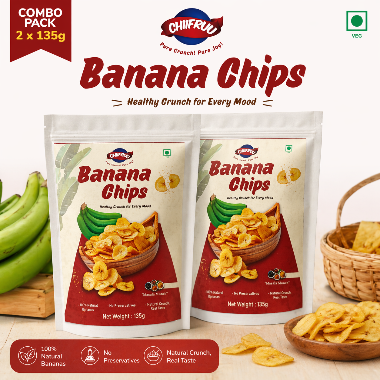 Chiifruu Banana Chips | Masala Munch Combo | 270g